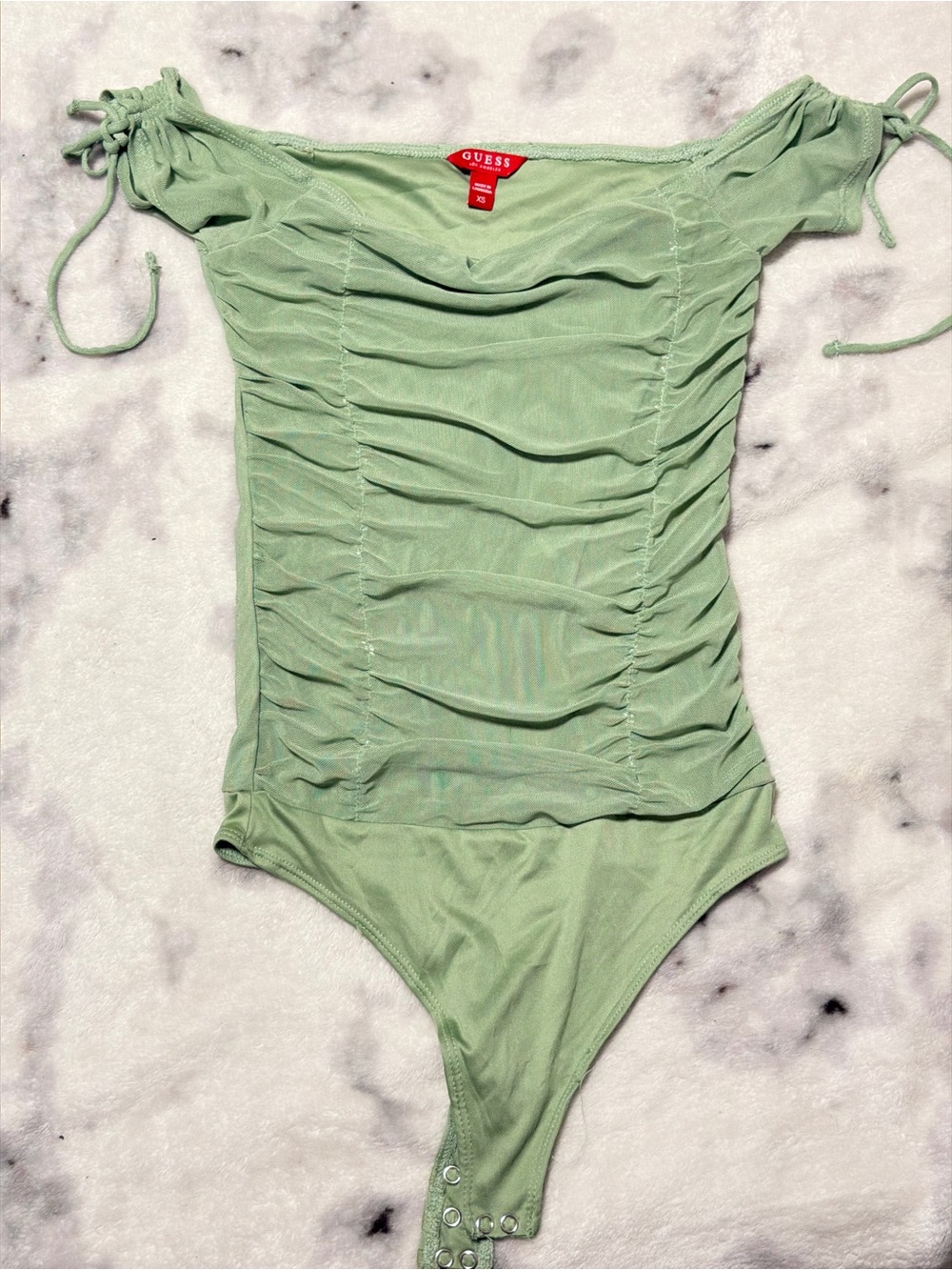 GUESS Mint Green Ruched Off-Shoulder One-Piece Bodysuit